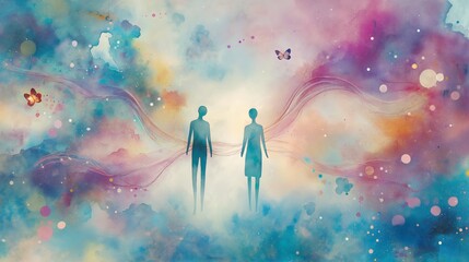 Fototapeta premium Whimsical watercolor scene of identical figures in a dreamlike atmosphere with butterflies