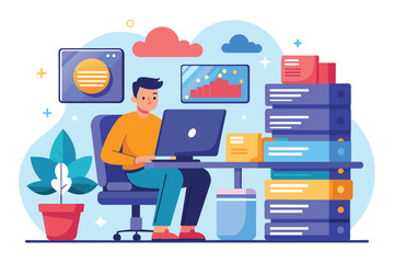 A man focuses on his computer while managing large database backup files in a bright office space Man with computer and large database backup files, illustrated in a flat style.