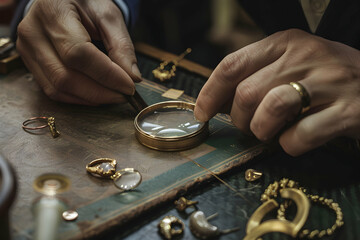 Cropped view of jewelry appraiser holding jewelry ring near board on table isolated on grey,