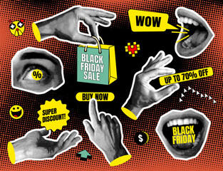 Set of elements for Black Friday sale in modern Halftone style. Creative collage elements lips, eyes, mouth, hands. Y2K modern details for banner. Paper trendy stickers for sale design.