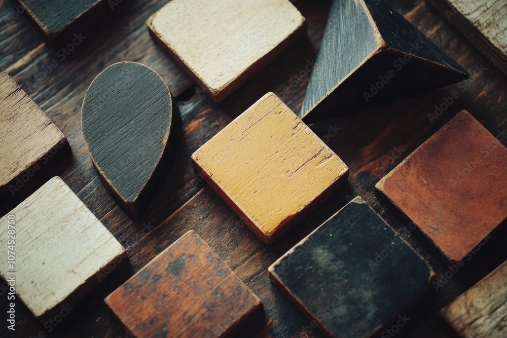 Poster a stack of wooden blocks placed on a wooden table, perfect for use in educational or creative settin