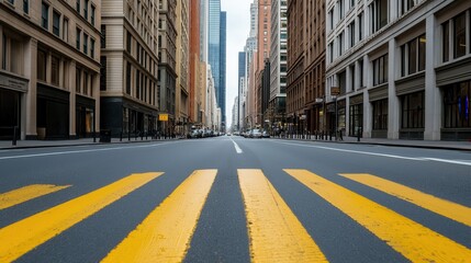 Obraz premium Empty City Street with Yellow Crosswalk, Urban Architecture and Skyscrapers in Downtown Setting