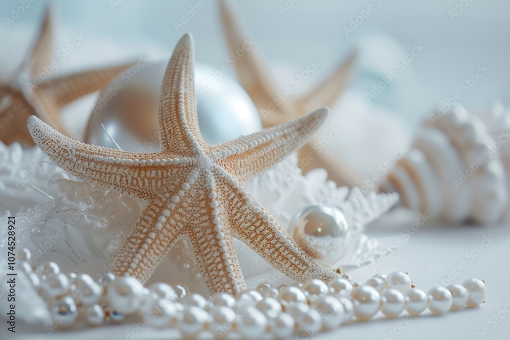 Poster close-up of starfish surrounded by pearls on a table