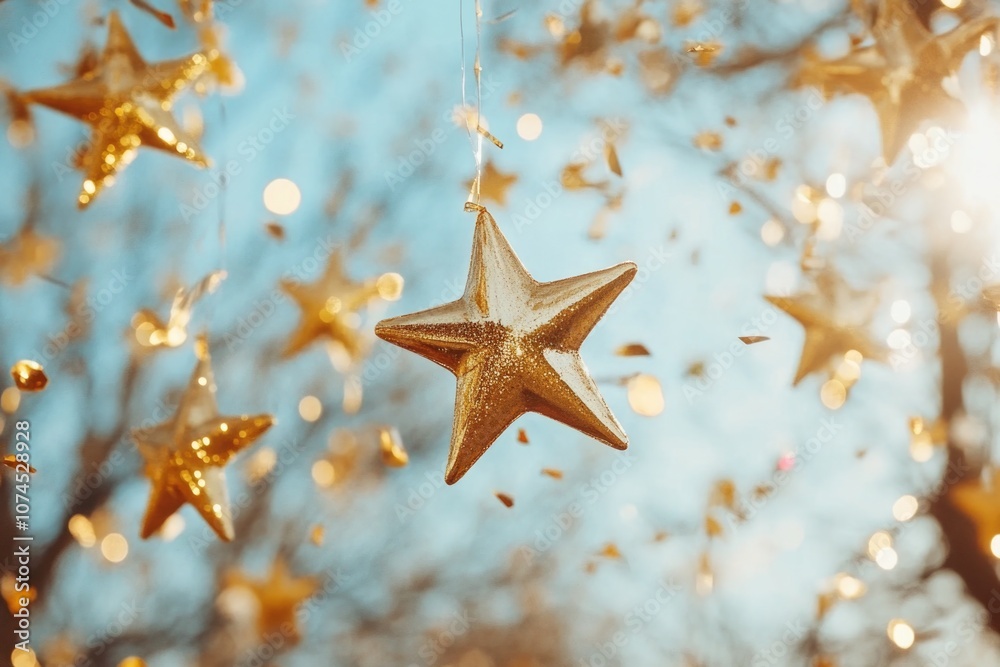 Poster a golden star hangs from a tree branch, surrounded by colorful lights