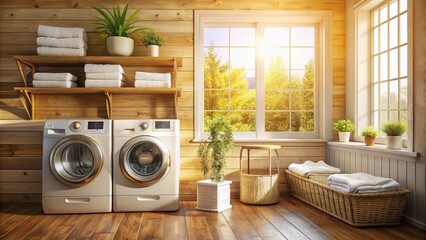 Serene Laundry Room with Neatly Stacked White Towels on Rustic Wooden Surface, Inviting Atmosphere for Home Décor and Cleanliness Inspiration