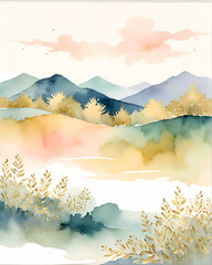 Elegant Watercolor Landscape with Subtle Gold Leaf Highlights