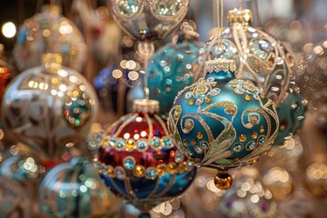 Fototapeta premium A collection of colorful ornaments suspended from the ceiling, perfect for festive decorations or photography props