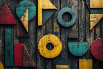 A collection of colorful wooden letters arranged on a wooden surface