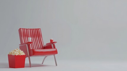 A single red cinema chair with a fizzy drink and popcorn bucket over a white background symbolizing entertainment 3D rendering