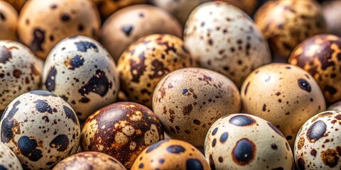 Obraz premium Close-up of Quail Eggs Isolated on a Soft Surface, Highlighting the Unique Patterns and Textures of Each Egg, Perfect for Culinary and Nature Photography Use