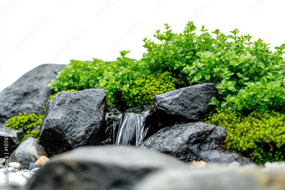 Poster a small waterfall flows over rocks and plants in a serene environment