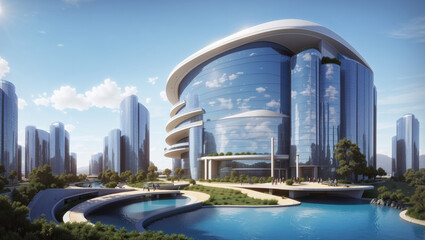 Fototapeta premium A modern, tall building with a curved design,