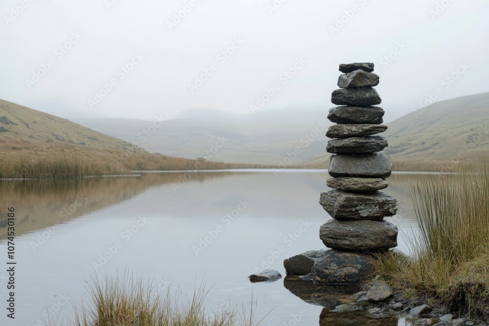 Poster a stack of rocks next to a calm body of water