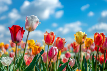 Obraz premium selective focus of colorful tulips field with blue sky and clouds