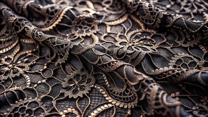 Closeup Aerial Photography of Black Lace Fabric Texture Highlighting Intricate Patterns and Delicate Details for Fashion and Design Backgrounds