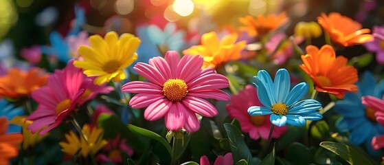 Fototapeta premium Beautiful spring summer landscape on flowering meadow in hilly area.