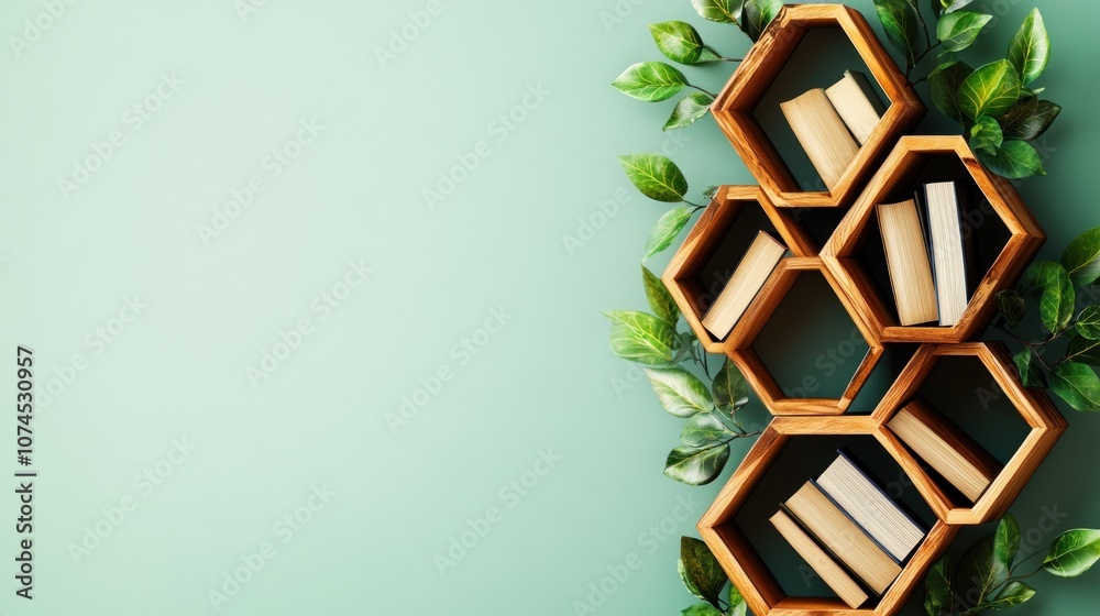 Aufkleber Create a stylish book display using hexagonal shelves and greenery