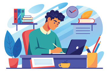A man concentrates on writing for his exam at a desk, surrounded by books and study supplies Man writing on paper for an exam, illustrated in a flat style.