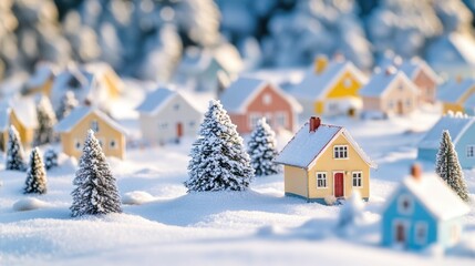 A small toy village surrounded by snow