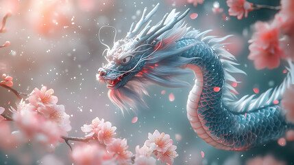 Fototapeta premium Blue Dragon with Pink Flowers Illustration