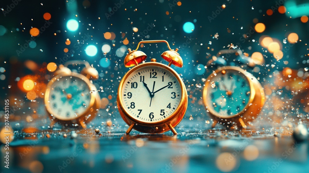 Poster capture time with stunning vintage alarm clocks in a magical setting