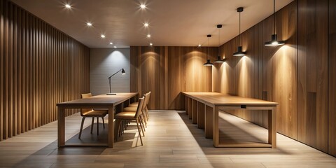 Cozy Low Light Wooden Office Interior Featuring Narrow Tables and a Blank Wall, Ideal for Minimalist Design and Inspiration in Modern Workspaces