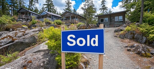 Fototapeta premium Sold Sign Outside Waterfront Cottage Homes With Lush Green Forest And Striking Blue Sky Background