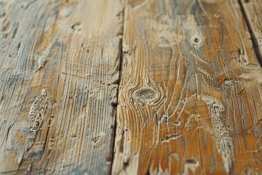 A close-up view of a wooden table with peeling paint, great for background or texture images
