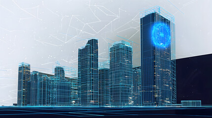 Futuristic city skyline with digital overlay