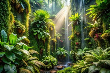 Surreal Lush Vertical Garden in Rain-Drenched Forest with Vibrant Ferns and Mosses Under a Canopy of Greenery, Showcasing Natureâ€™s Tranquility and Beauty