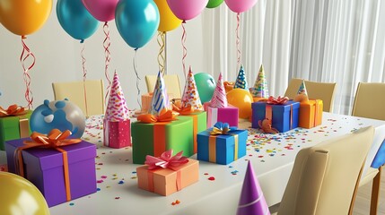 A beautifully set birthday table mockup with neatly wrapped gifts in various vibrant colors, a cluster of floating balloons tied to the chairs, and festive decorations like party hats,