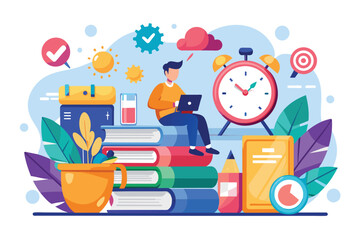 A student uses a laptop while sitting atop colorful books, surrounded by study aids and a clock Manage your study time effectively with a flat illustration.