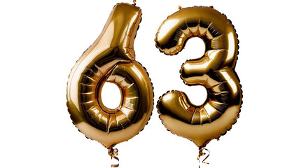 Golden foil number sixty three Balloon 3d model for Celebrations or invitations