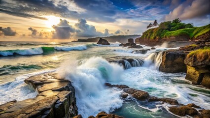 Dynamic Double Exposure of Ocean Currents Crashing Against Black Rocks at Sawarna Beach, Banten, Indonesia, Showcasing White Foam and Rugged Shoreline Textures