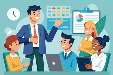 A manager engages the team with clear instructions and feedback in a vibrant office environment Manager gives instructions for work, simple picture.