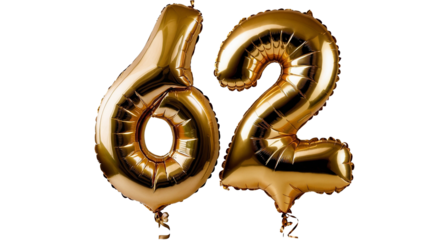 Golden foil number sixty two Balloon 3d model for Celebrations or invitations