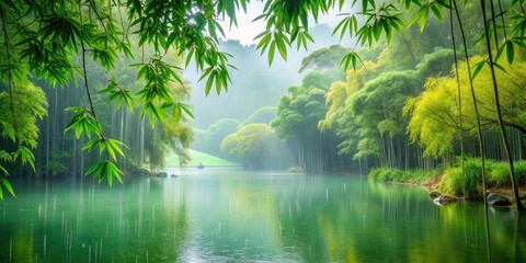 Tranquil Bamboo Forest with Gentle Rain and Calm Pond â€“ Nature's Peaceful Retreat