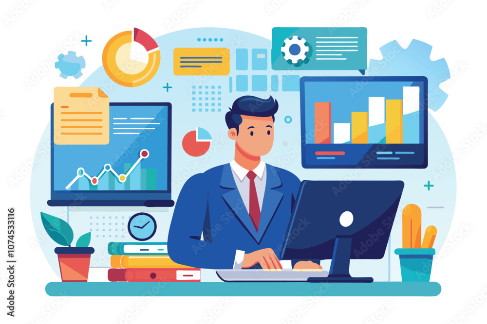 Poster a manager reviews business development metrics on a computer while surrounded by charts and document