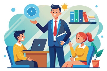 A manager is sharing work instructions with two team members in a cheerful office environment Manager gives instructions for work, simple picture.
