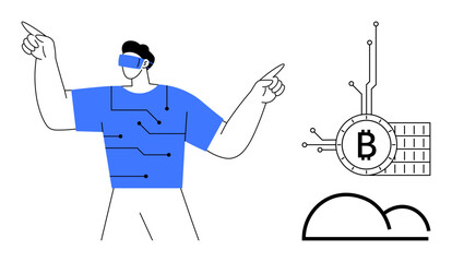 A person wearing a VR headset interacts with digital elements. Ideal for technology, blockchain, virtual reality, digital finance, and cloud computing. Clean lines, minimalistic, modern design