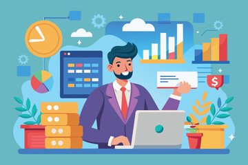 A manager analyzes income statistics and prepares financial reports at a desk in Florida Manager oversees income statistics development, flat illustration.
