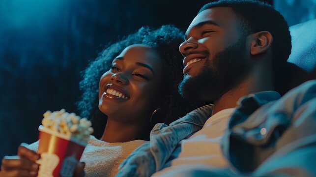 Closeup of an ethnically diverse couple enjoying popcorn together while watching a movie at the cinema