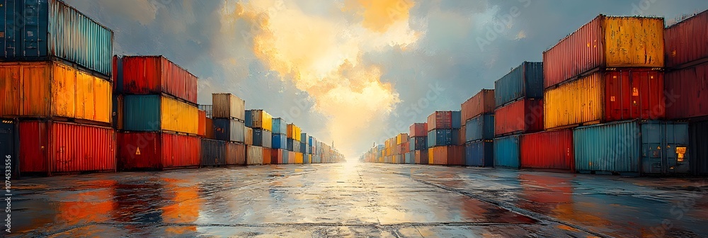 Poster Aerial panoramic view of a bustling seaport filled with rows of colorful cargo containers stacked high during a dramatic sunset. Cranes and container ships are visible.