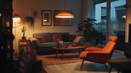 Fototapeta premium Stylish Living Room with Mid-Century Modern Furniture and Warm Lighting, Cozy Evening Ambience, Contemporary Home Decor, Relaxing and Inviting Space with Indoor Plants and Vibrant Accents