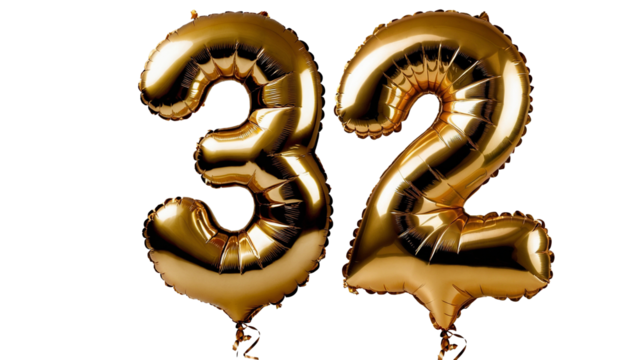 Golden foil number thirty two Balloon 3d model for Celebrations or invitations