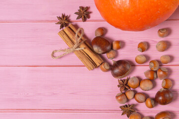 Pumpkin, chestnuts, anise, cinnamon, hazelnuts on a wooden pink background. Top view, copy space
