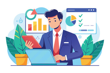 A business manager examines data on a tablet, surrounded by informative charts and green plants in the office Manager reviewing business data, simple illustration