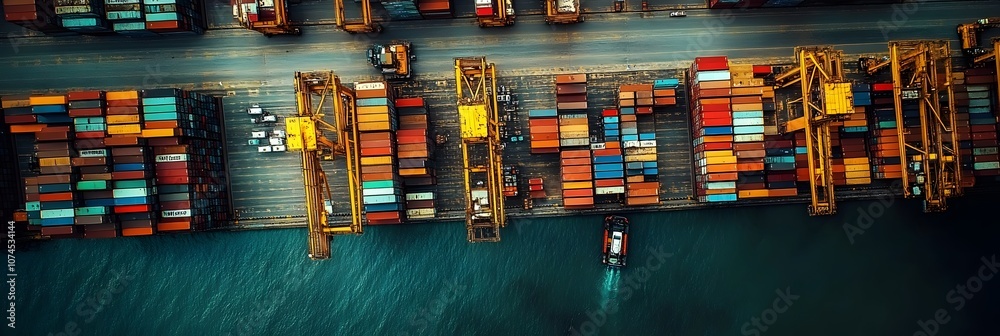 Poster Aerial panoramic view of a busy cargo port with stacked shipping containers and cranes,showcasing the complex logistics and infrastructure of global trade and commerce.