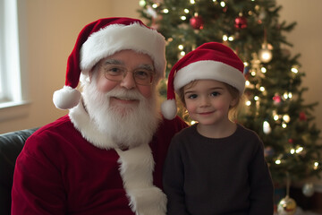 Santa and child wearing matching Santa hats