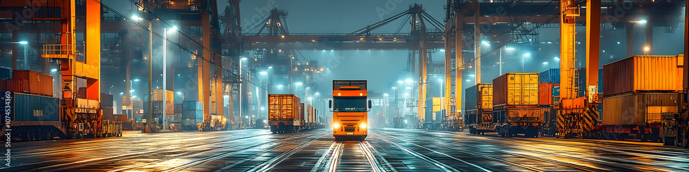 Poster aerial panoramic view of a busy cargo port and container terminal illuminated at night. this urban i